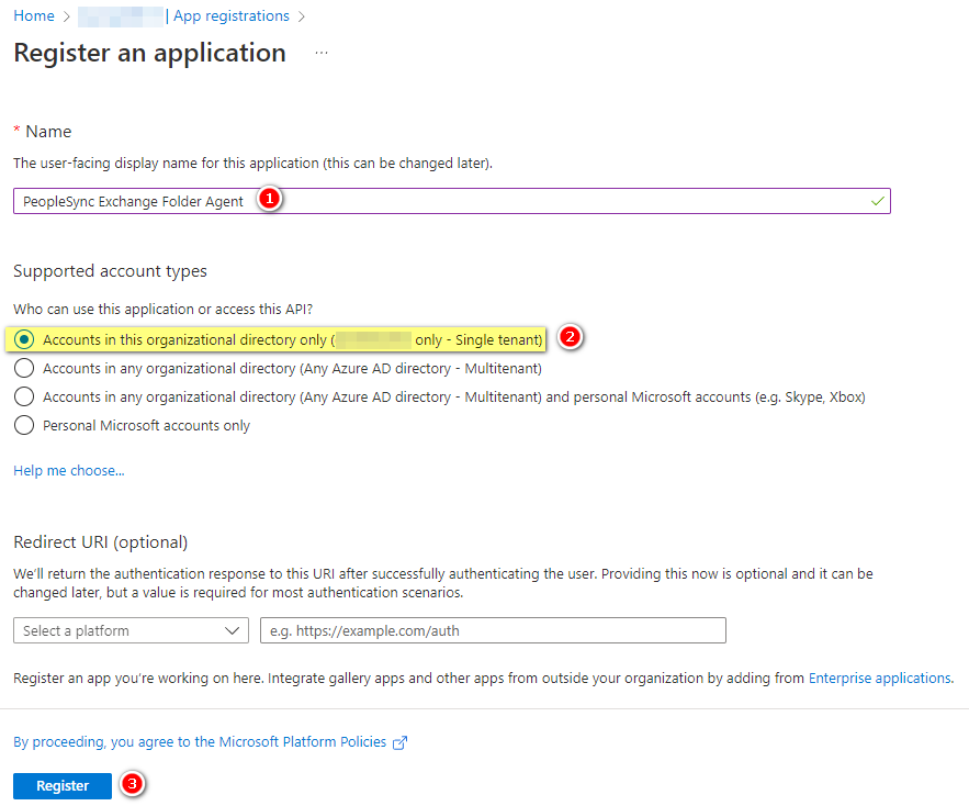 Enter a name for the app registration. As account type , select Accounts in this organizational directory only . Then click on Register .