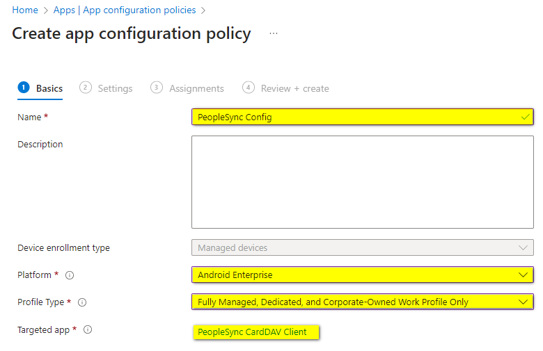Microsoft Intune app configuration policy details