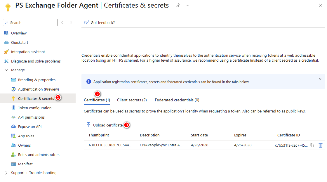 Entra ID certificate upload