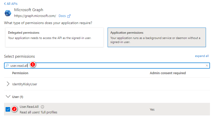 In the next step, select application permissions , then User.Read.All and OrgContact.Read.All permissions and click on add permissions .