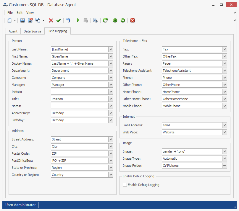 Database Agent field mapping