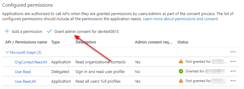On the API permissions tab, click on Grant admin consent and confirm to grant these permissions in your tenant.