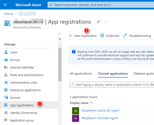 Azure Portal App registrations and New registration