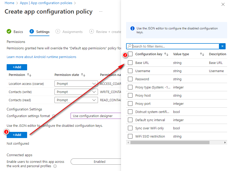 Microsoft Intune configuration designer settings