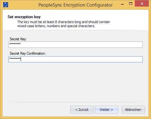 Enter an encryption key. It must be at least 8 characters long and should contain mixed-case letters, numbers and special characters.