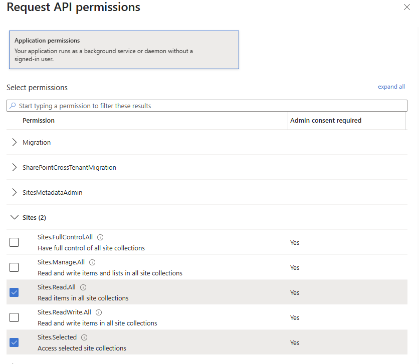 SharePoint Sites.Read.All and Sites.Selected permissions