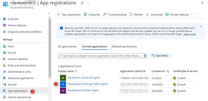 Select the PeopleSync Exchange Folder Agent app registration
