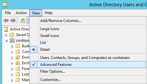 Open Active Directory Users and Computers . In the View menu, enable Advanced Features .