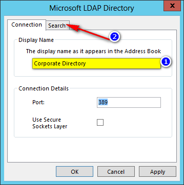 Change the address book's display name to something meaningful, then click on the Search tab.