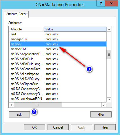 In the list, select the member attribute and click Edit.