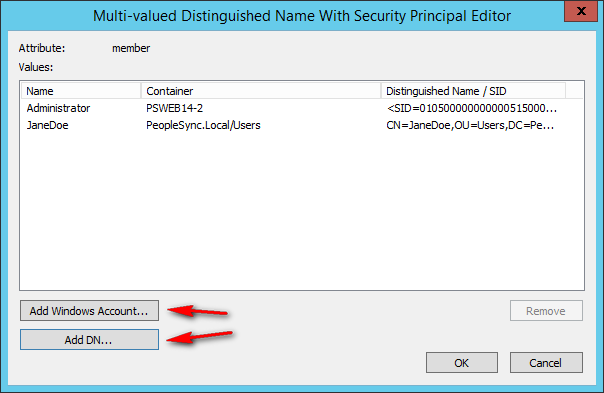 Add members to the group by adding them with the Add Windows Account or Add DN buttons. You can also remove group members by selecting a group and clicking on Remove.