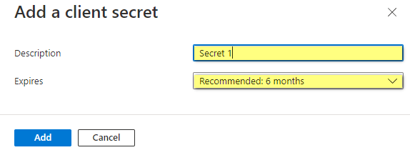In the Add a client secret dialog, enter a description and validity period for the secret. Then click add .