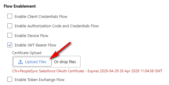 Below Enable JWT Bearer Flow, upload the Certificate from PeopleSync.