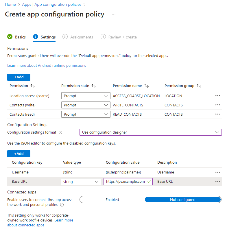 Example PeopleSync managed configuration in Microsoft Intune